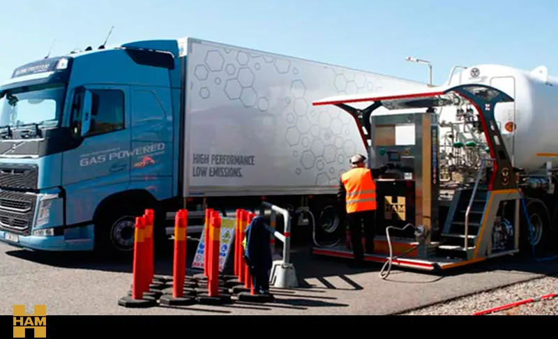 HAM reposta los camiones GNL de Volvo Grupo HAM ha sido seleccionada por Volvo para repostar sus caminones, con la unidad móvil de gas natural licuado, durante el Test & Drive en Suecia