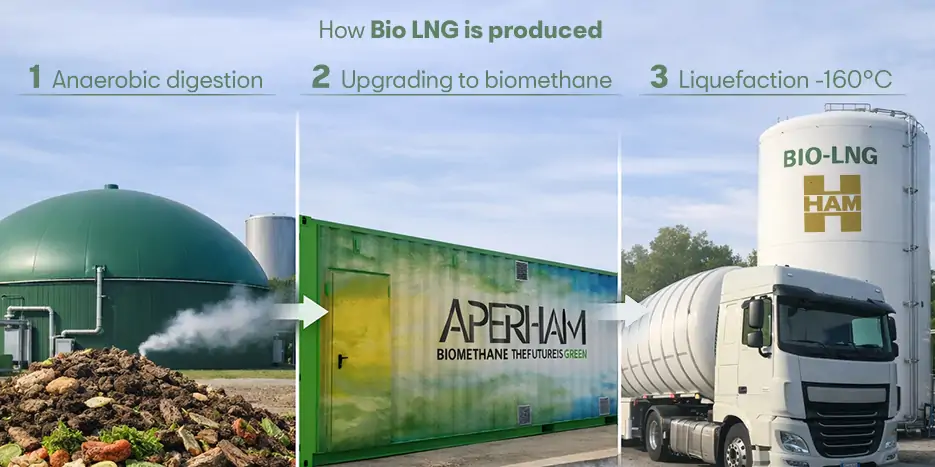 Bio LNG is produced from the anaerobic digestion of organic waste. Biogas is obtained, which is transformed into biomethane during upgrading and liquefied at -160 degrees Celsius
