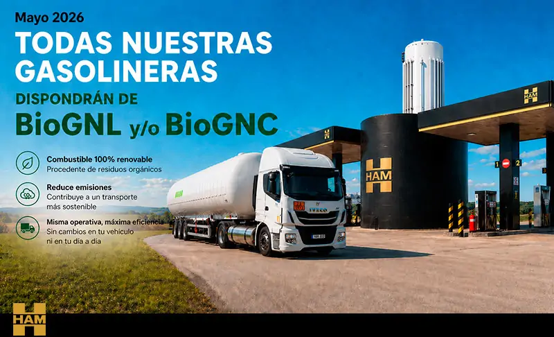 Las estaciones de servicio de Grupo HAM permiten repostar BioGNL y BioGNC