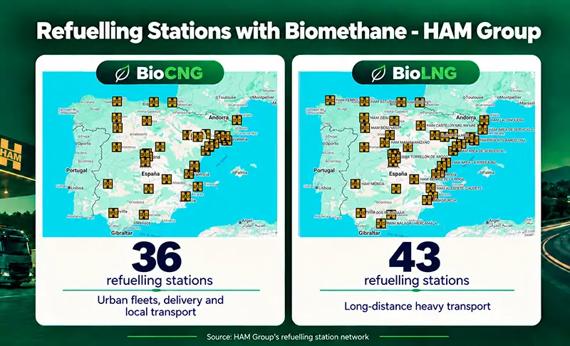 HAM Group refuelling stations offer exclusively biomethane, in the form of Bio-LNG and/or Bio-CNG.